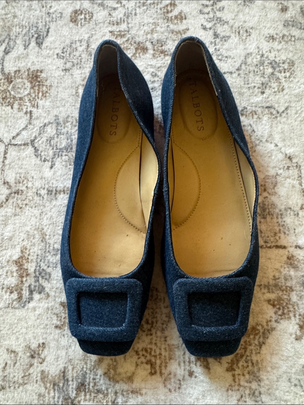 Talbots Dark Navy denim Square-Toe Flats with Buckle Accent